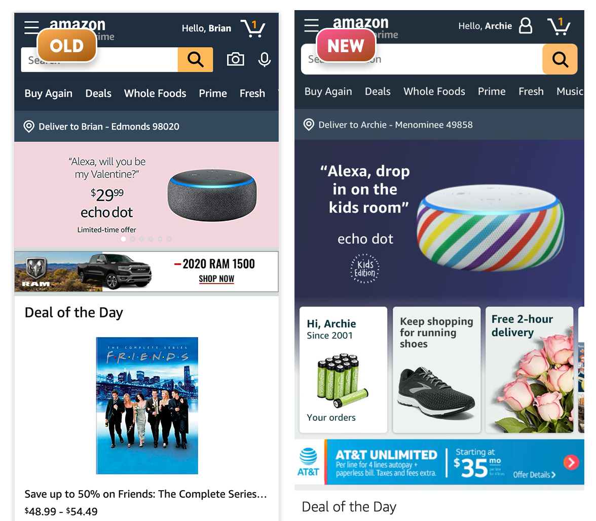 Old Amazon homepage side-by-side with the new design