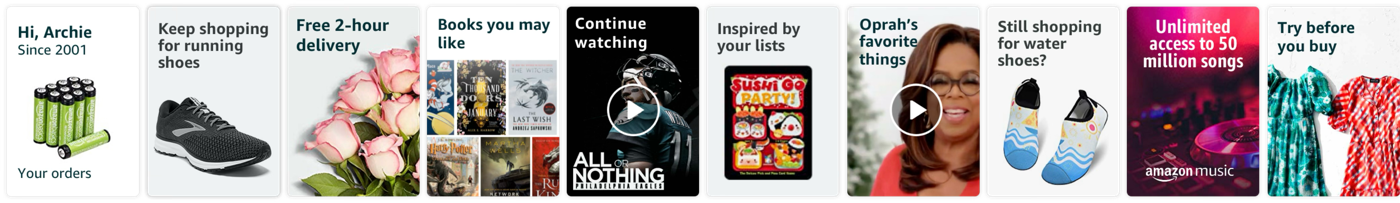 Screenshot of cards showing shopping recommendations and static campaigns