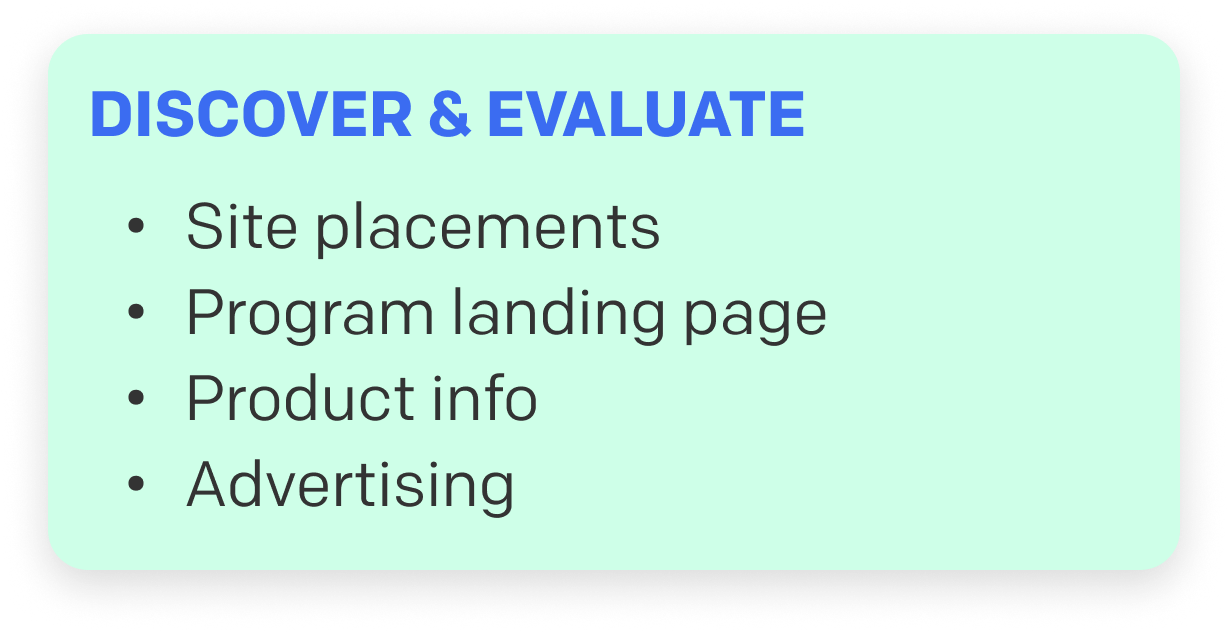 Discover and Evaluate - Site placements, Program landing page, Product info, Advertising